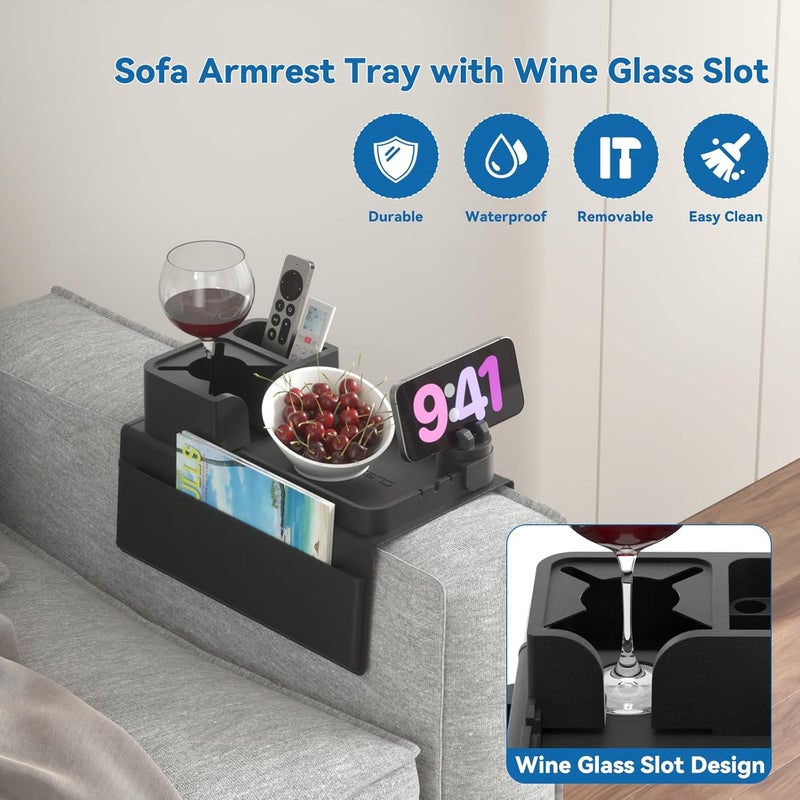 CLESOO Couch Arm Cup Holder Couch Arm Tray Anti-Slip Couch Cup Holder Silicone Sofa Armrest Tray Dual Side Pocket Couch Drink Holder Sofa Caddy Arm Remote Holder Snack Caddy with Phone Holder Black - Image 4